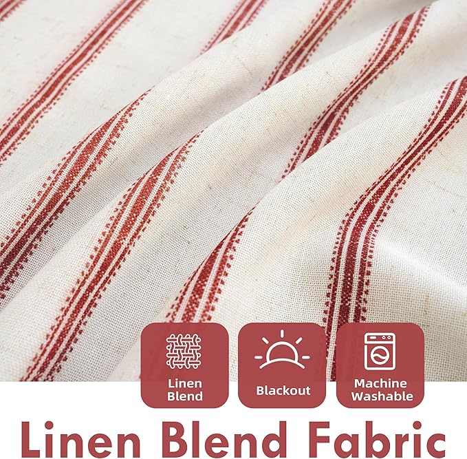 DriftAway Farmhouse Double Layer Linen Blackout Tie Up Curtains Thermal Insulated Vertical Striped Fully Lined Balloon Roman Shade Bathroom Window Adjustable Rod Pocket 45 Inch by 63 Inch Red