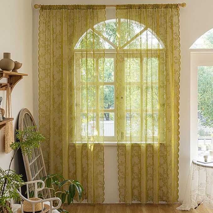 Sutuo Home Sage Green Lace Curtains for Bedroom Living Room 96 Inches Long 2 Panels, Boho Sheer Rose Floral Embroidery Ruffled Vintage Window Treatment Pair Xmas Decor, Rod Pocket, W57 x L96
