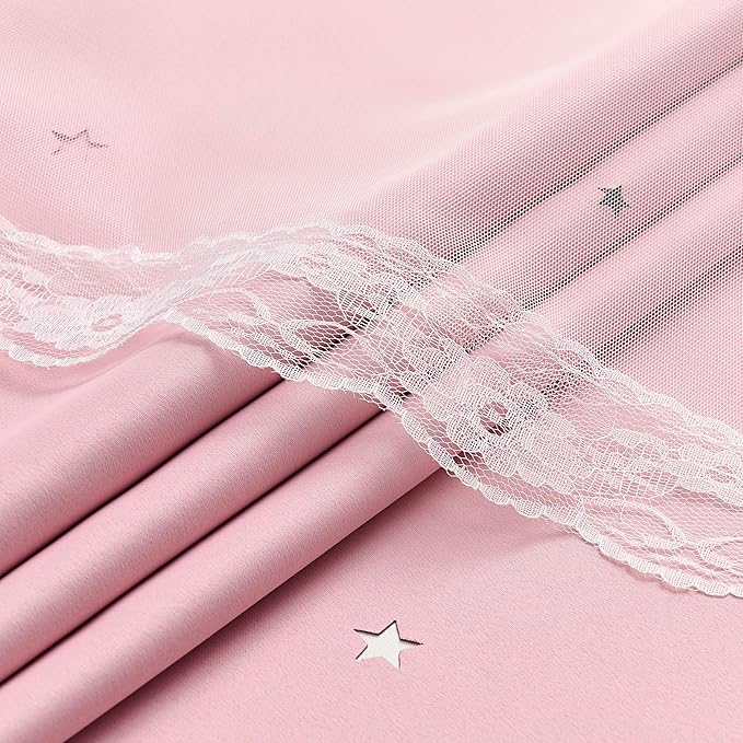 XiDi Pink Blackout Curtains with Sheer Overlay Mix and Match Double Layer 80% Room Darkening Window Treatment Set for Girls Bedroom Living Room Pink Star Drapes with Tiebacks Grommet Top 52" Wx96 Lx2