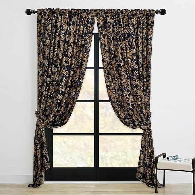 StangH Gold Velvet Curtains for Living Room, Vintage Room Darkening Drapes with Print Floral Patterns Back Tab Luxury Home Decor Thermal Panels for Sliding Door Office, W52 x L108, 2 Panels