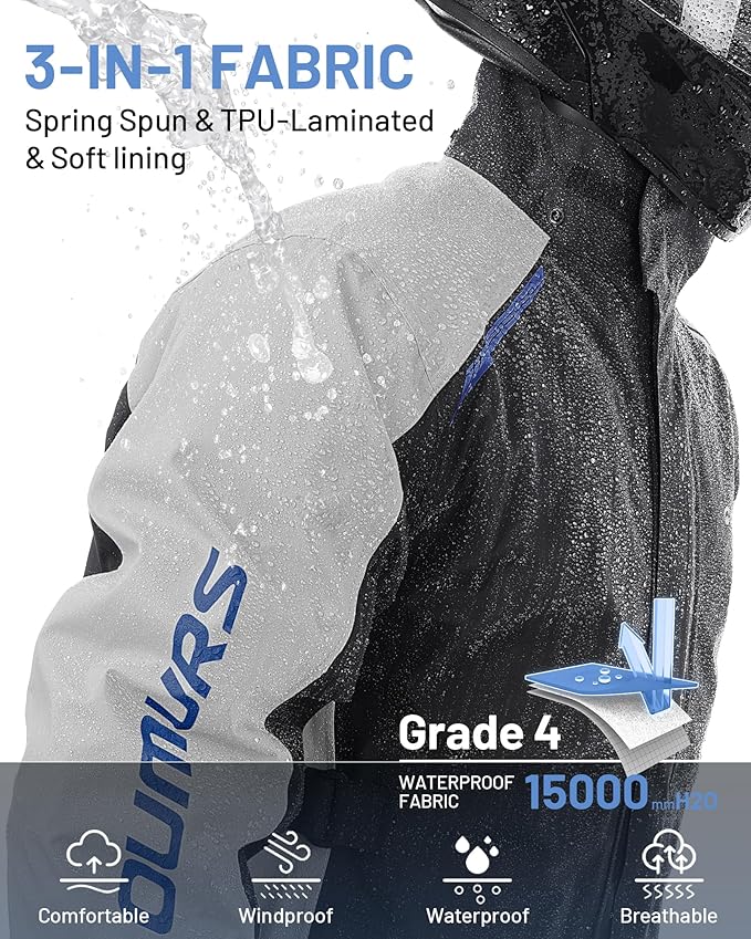 Oumurs Unisex Adult Motorcycle Rain Suit, Waterproof, Reflective, Lightweight, XX-Large, Black, Solid, Modern, Adult, Outdoor Rain Suits
