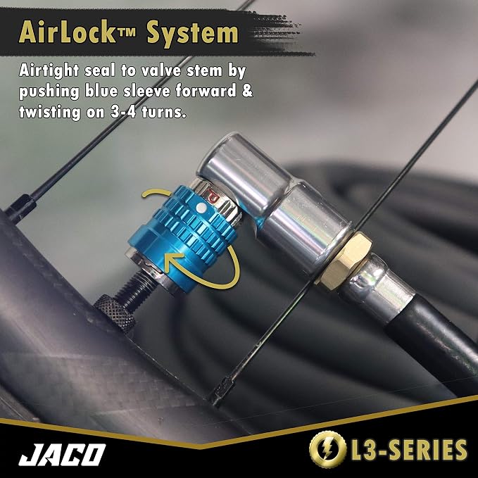 JACO Lightning Bike Tire Inflation Kit | with Lightning L3-Series Bike Air Chuck & FlowPro Tire Inflator Gauge (100 PSI)