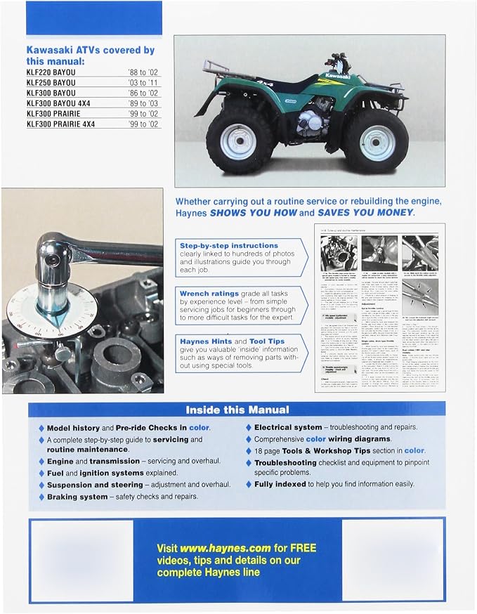 Kawasaki Bayou & Prairie ATV Haynes Repair Manual (1986 - 2011)