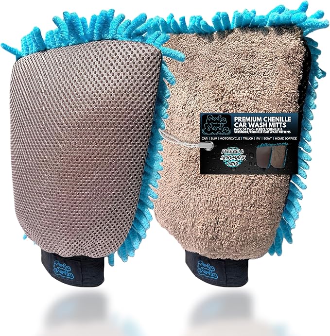 Sudz Budz® Premium Microfiber Chenille Car Washing Mitt 2 Pack | 2-in-1 Double-Sided Scrubber and Fleece Mitts. Soft, Durable, No Scratch, Lint-Free Washing and Detailing for Exterior Car Care