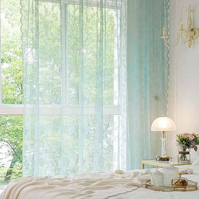Sutuo Home Teal Blue Lace Curtains 96 Inches Long 2 Set, Sheer Panels Rose Floral Embroidery Vintage Window Treatment Pair for Bedroom Living Room, Country Farmhouse Decor Rod Pocket, W57 x L96