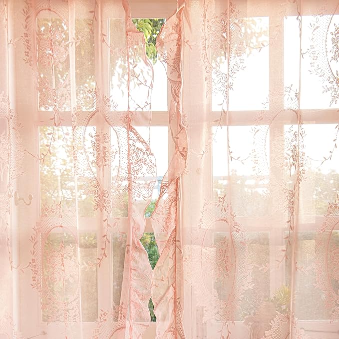 Sutuo Home Pink Lace Curtains 84 Inches Long 2 Set, Sheer Panels Rose Floral Embroidery Ruffled Vintage Voile Window Treatment Pair for Girl's Bedroom Living Room, Rod Pocket, W57 x L84