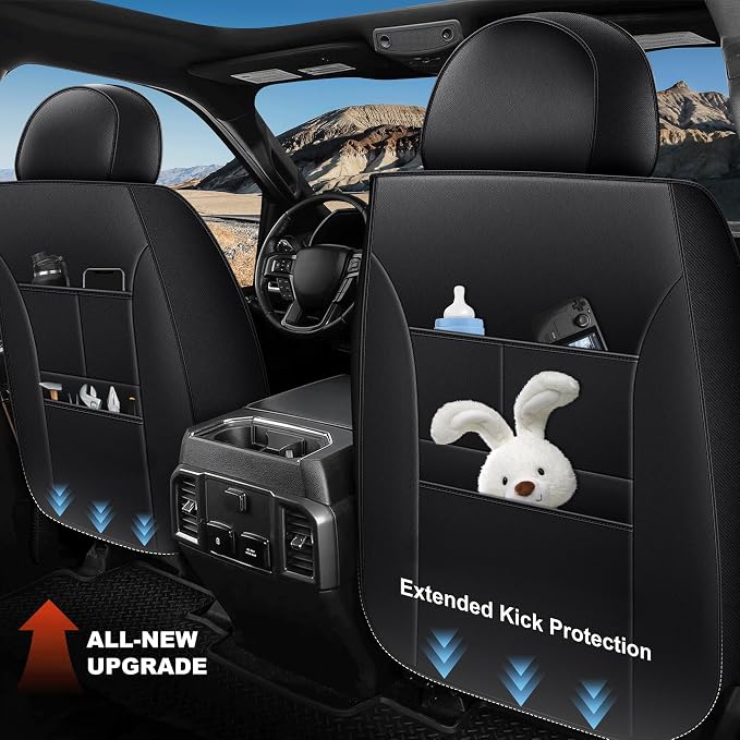 for Ford F150 SuperCrew Seat Covers 2009-2026 Full Set All Trims | Custom Leather F250/F350/F450 Seat Covers 2017-2026 XL XLT Lariat Platinum King Rach Limited Airbag Safe Full Waped, Black