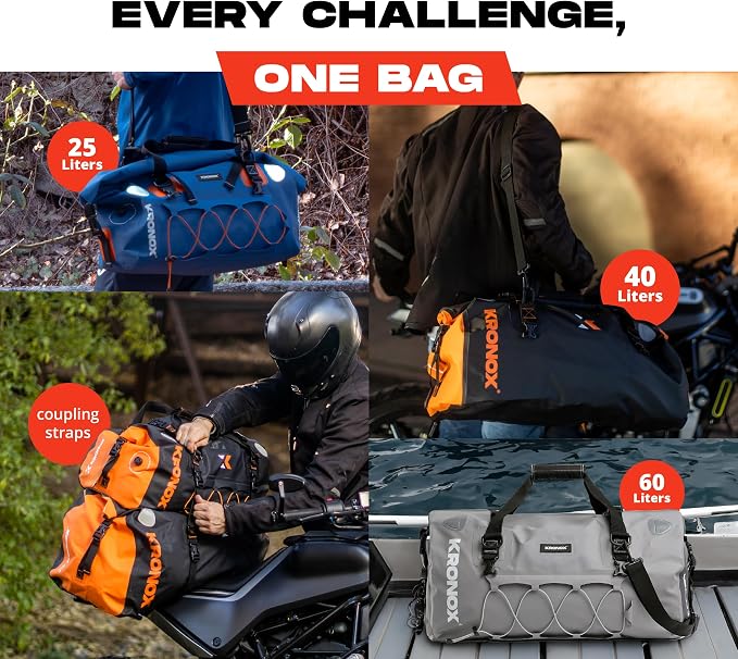 KRONOX Motorcycle Duffel Bag Waterproof, 25L Grey – Durable Motorcycle Luggage & Saddle Bags. Back Seat Dry Bag for Travel, Commute & Dirt Bike Gear