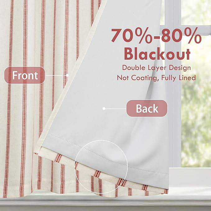 DriftAway Farmhouse Double Layer Linen Blackout Tie Up Curtains Thermal Insulated Vertical Striped Fully Lined Balloon Roman Shade Bathroom Window Adjustable Rod Pocket 45 Inch by 63 Inch Red