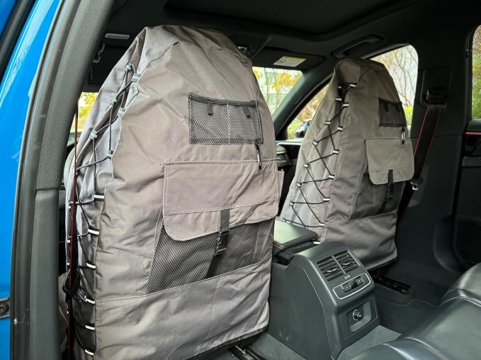 Gray Seat Covers for Cars Trucks SUV, Universal Canvas Tactical Multi-Pockets Organizers Rain Defender, Waterproof Seat Protectors Front Set