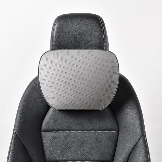 Genuine Leather Car Neck Pillow for headrest,Support Drive Seats Head Cushion,Real Cow Leather,11.8x7.5”,Plant-Based Polyester,Thickness & Height Adjustable,Inner Liner fillable(Grey,1p)