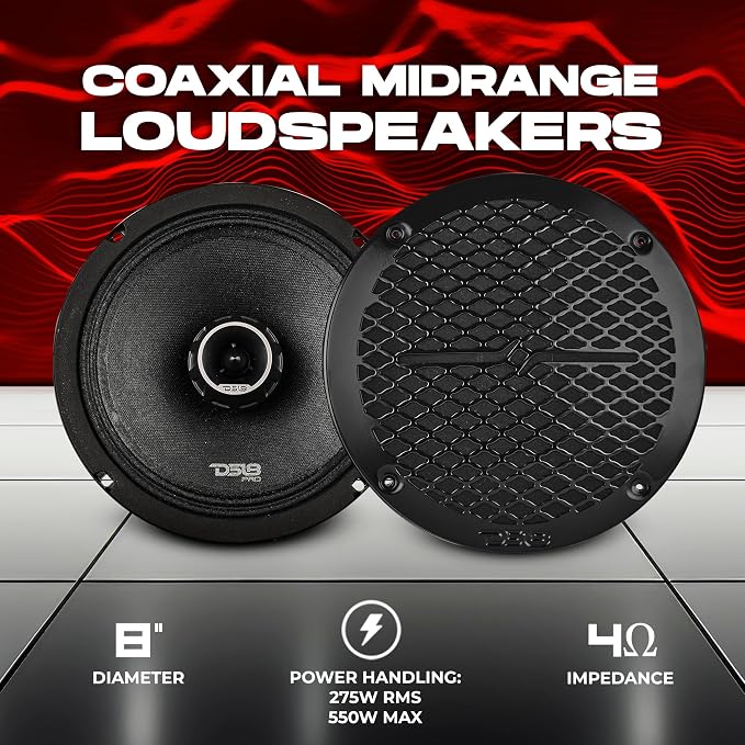 DS18 PRO-ZT Pro Audio Coaxial Midrange Speakers with Built-in Bullet Tweeter, 4-Ohms, Water Resistant - Black Metal Mesh Grill Included (1 Speaker) (8" inches)