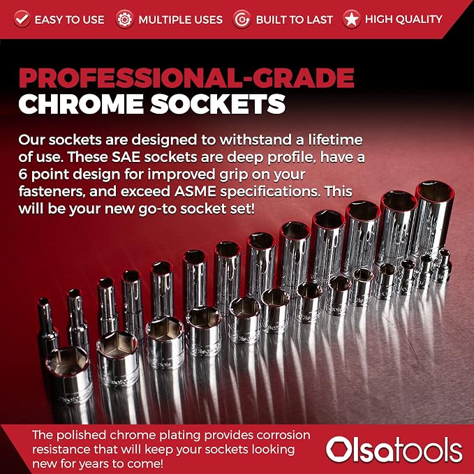 Olsa Tools SAE Deep Socket Set - 1/4-Inch Drive, 13pc - 6-Point Chrome Sockets from 1/8" to 5/8" and No Skipped Sizes - Mechanic Deep SAE Socket Set - Professional Grade Long Sockets - Part: 1329