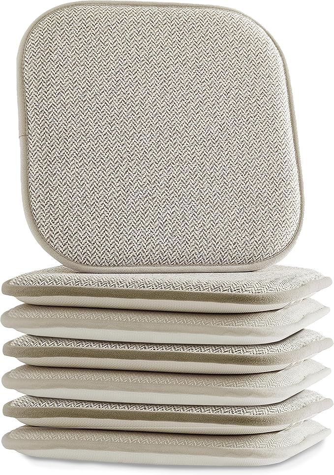 Elegant Comfort Chair Cushion Covers with Ties and Non Skid Rubber Backing-Thick Memory Foam - Soft Cushion Pad- Rounded Square Seat Cover- 16 x 16 Inches - Set of 6 Chevron Textured Pattern, Beige