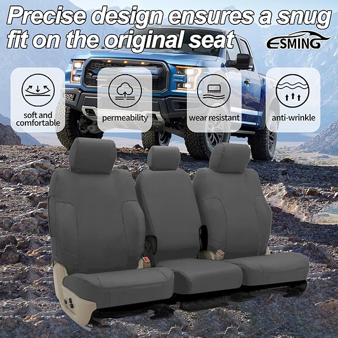ESMING Front 40/20/40 Oxford Fabric Seat Covers for Ford F150 XLT/Lariat 2014 for Ford F250 F350 F450 F550 XLT Lariat 2015-2021 Front 40/20/40 Split Bench with Center Console-Gray