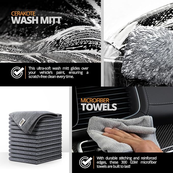 Cerakote Foundation Bundle - Exterior Wash & Ceramic Protection Kit with Microfiber Towels - At-Home Car Wash and Detailing Set - Easy Ceramic Protection for Vehicle Interior and Tires