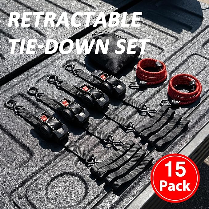 Retractable Ratchet Straps (4 Pack) - 1" x 10 ft Heavy Duty Tie Downs with Auto Retract and 1650 lb Break Strength for Cargo Trailer, Motorcycle, ATV - Includes Soft Loops and Bungee Cords