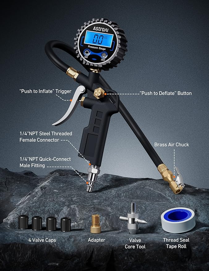 AstroAI Digital Tire Pressure Gauge with Inflator, 3-250 PSI Air Chuck & Compressor Accessories Heavy Duty with Quick Connect Coupler, 0.1 Display Resolution, 1pack