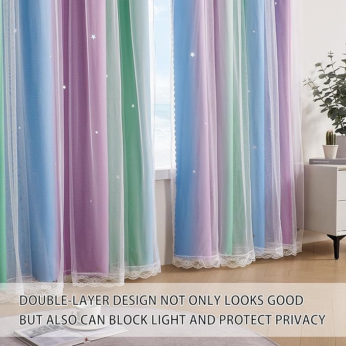 XiDi Blackout Curtains for Girls Bedroom Decor 63 Inches Long Window Curtains Colorful Rainbow Design 2 Panel, Kids Room Unicorn Princess Theme Home Decor Ombre Drapes Green Purple Blue W34 X L63
