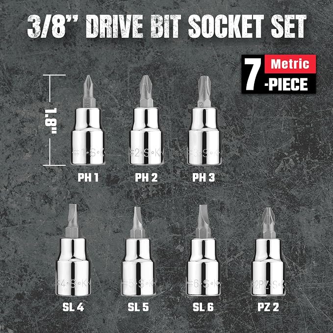 SK Tools USA 3/8" Drive, 7 Piece, Standard Chrome Screwdriver Bit Socket Set | 19737
