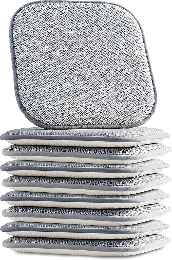 Elegant Comfort Chair Cushion Covers with Ties and Non Skid Rubber Backing-Thick Memory Foam - Soft Cushion Pad- Rounded Square Seat Cover- 16 x 16 Inches - Set of 8 Chevron Textured Pattern, Gray
