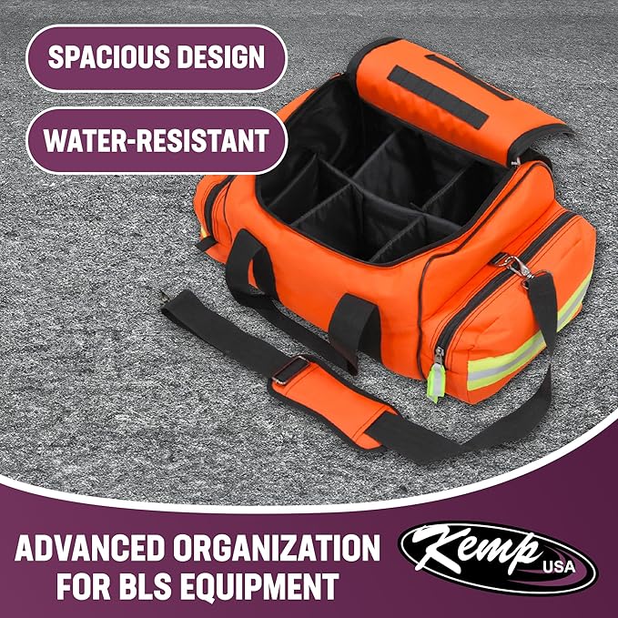 Kemp USA Maxi Trauma Bag Large First Aid EMS Bag Water-Resistant 600D Nylon First Responder Medical Survival Gear Buckle Closure Reflective Trim Orange