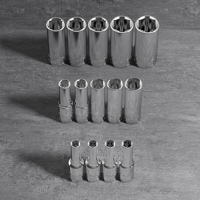 Olsa Tools Metric Deep Socket Set - 1/4-Inch Drive, 14pc - 6-Point Chrome Sockets from 4mm–15mm and No Skipped Sizes - Mechanic Deep Metric Socket Set - Professional Grade Long Sockets - Part: 1327