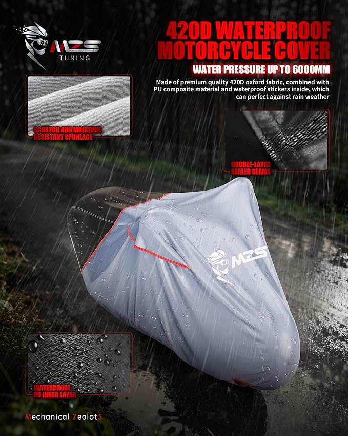 MZS Motorcycle Cover Waterproof Outdoor, Heavy Duty All Season Weather Sun Protection with Storage Bag Vents Night Reflective Cotton Lining Lock Holes fits up to 96" Motorcycles Vehicle Covers