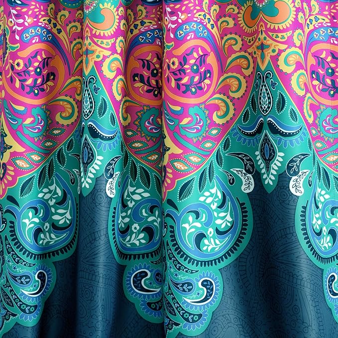 Lush Decor Boho Chic Light Filtering Window Curtain Panels Pair 52" W x 108" L +2" Turquoise & Navy - Colorful Curtains for Living Room - Maximalist Decor