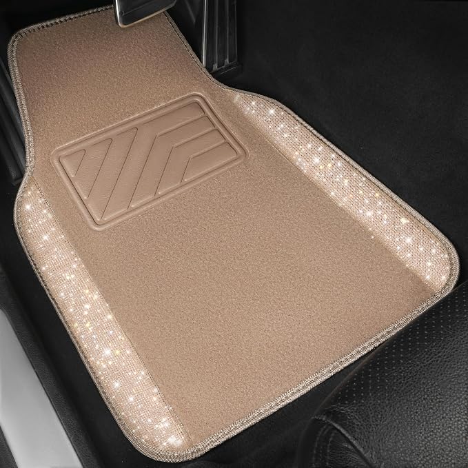 CAR PASS Bling Rhinestones Diamond Car Floor Mat Car Seat Covers Full Set, Crystal Sparkly Shining Glitter Carpet, Waterproof Anti-Slip PVC Heel Pad Universal Fit Interior Girl Women Beige
