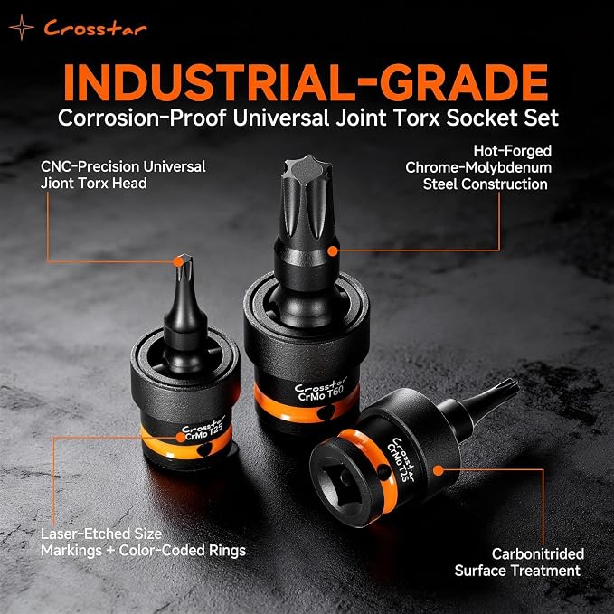 Crosstar T30 T40 T50 Impact Torx Bit Swivel Socket Set, 3/8" Drive CR-MO Wobble Star Sockets with Spring Shock Absorption, Professional Mechanic Tools for Tight Spaces & High-Torque Applications