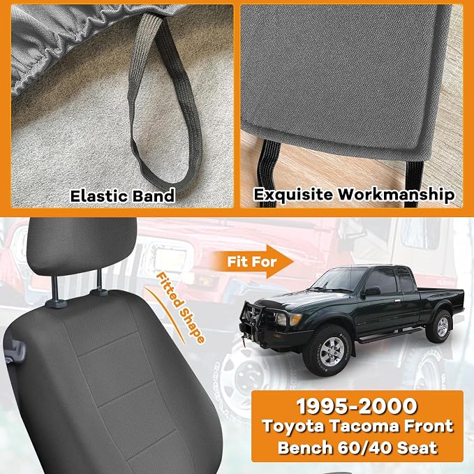 Knitted Truck Seat Cover Compatible with 1995-2000 Toyota Tacoma, Front Bench 60/40 Seat Cover with 2 Headrests and Center Console, Charcoal