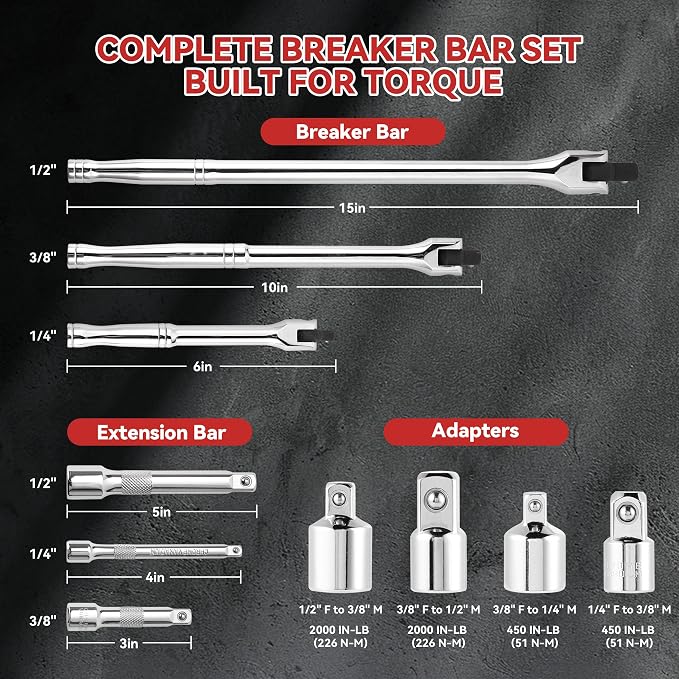 KOOPOOL 10 Piece Breaker Bar Set, 3/8", 1/2" and 1/4" Drive, 180° Rotatable Head, 6'', 10'', 15'' Length, 3 Extension Bars, Organizer Case