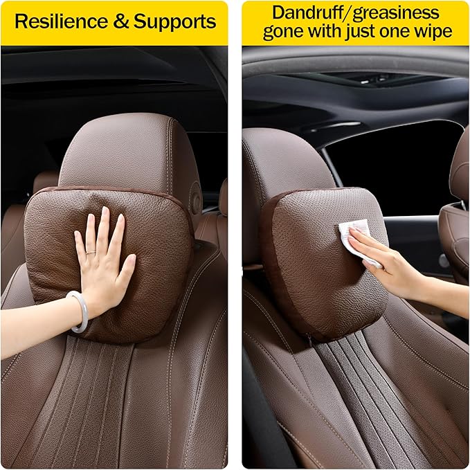 Genuine Leather Car Neck Pillow for headrest,Support Drive Seats Head Cushion,Real Cow Leather,11.8x7.5”,Plant-Based Polyester,Thickness & Height Adjustable,Inner Liner fillable(Coffee,1p)