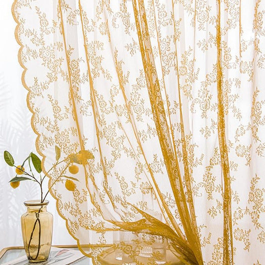 Sutuo Home Gold Lace Curtains Set of 2, Sheer Panels 45 Inch Length Floral Embroidery Vintage Voile Window Treatment Pair for Bedroom Living Room Kitchen, Shabby Chic Decor Rod Pocket, W57 x L45