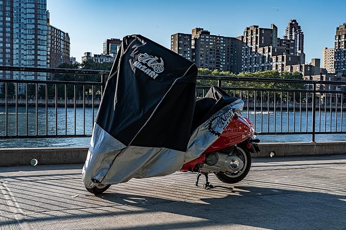 Nuzari Heavy Duty Small 250cc Motorcycle Cover - Motorcycle Covers Waterproof Outdoor Storage - Vespa Cover Waterproof Outdoor - Heavy Duty E- Bike Moped Covers (Black/Silver, Small)
