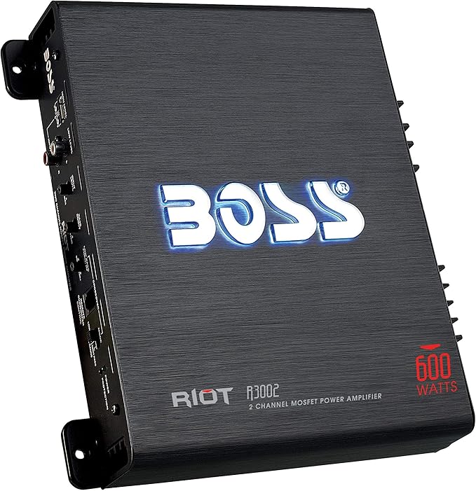 BOSS Audio Systems R3002 Riot Series Car Audio Amplifier - 600 High Output, 2 Channel, 2/8 Ohm, High/Low Level Inputs, High/Low Pass Crossover, Full Range, Hook Up to Stereo and Subwoofer, Class AB