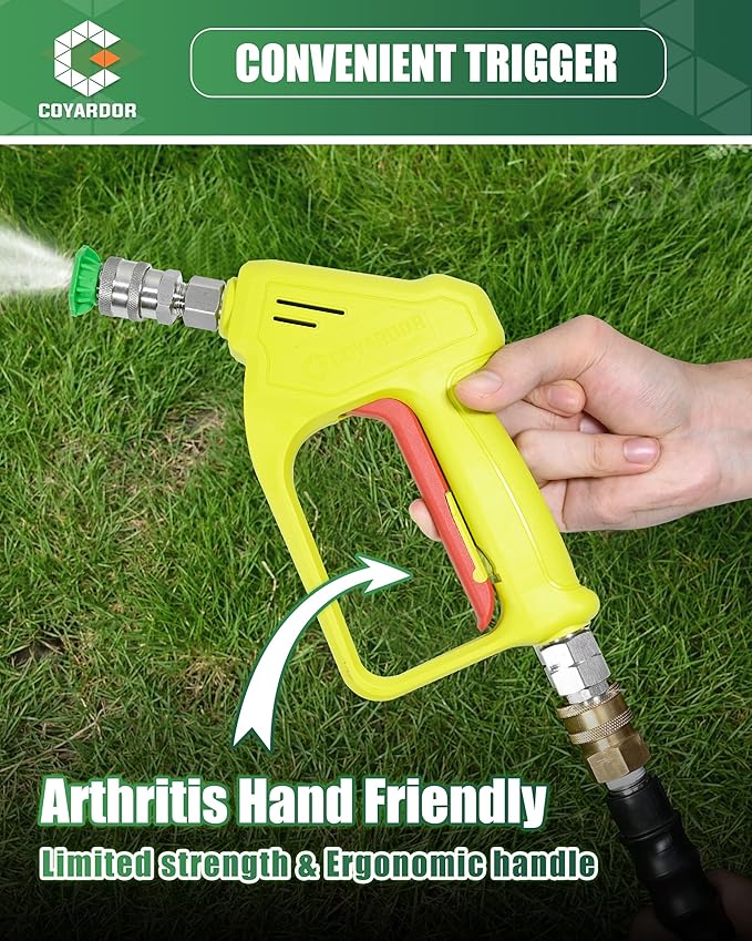 Pressure Washer Short Gun with Swivel 3/8" Male Plug & 1/4”Quick Connector Coupler - Comfortable Handle - Compatible with Foam Cannon for Car Wash 4000 PSI, Yellow