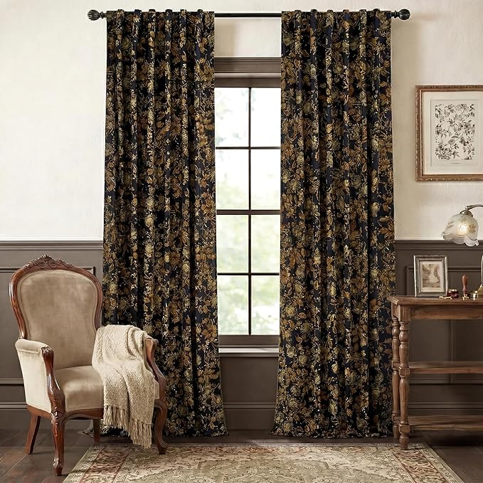 StangH Gold Velvet Curtains 90 inches, Vintage Floral Home Decor Heavy Thick Privacy Thermal Insulated Window Drapes for Living Room/Bedroom/Office, W52 x L90, 2 Panels