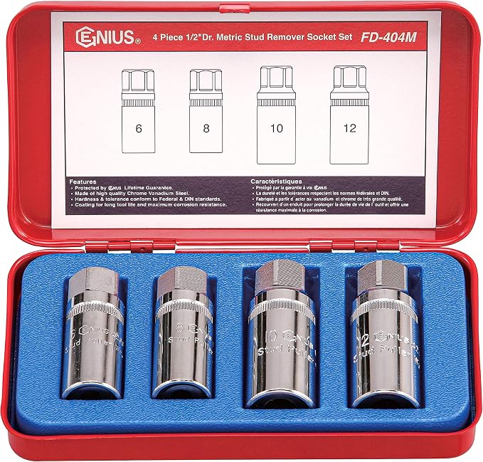 Genius Tools 4Piece 1/2 Dr. Metric Stud Remover Socket Set FD-404M