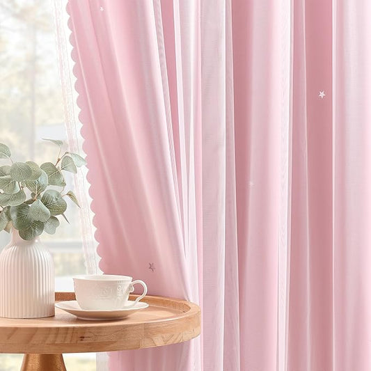 XiDi Star Blackout Curtains for Bedroom 72 Inch Length 2 Panels Pink Curtains with Sheer Overlay for Girls Kids Privacy Thermal Insulated Rod Pocket Window Curtains for Patio French Door W52 x L72