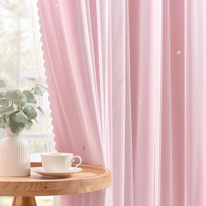 XiDi Light Pink Blackout Curtains for Girls Bedroom Living Room 63 Inches Long 2 Panels Hollow Star Nursery Kids Thermal Insulated Room Darkening Drapes Grommet Noise Reducing Window Curtains 52x63