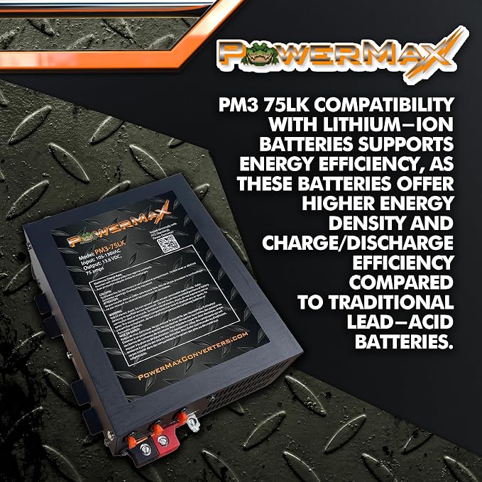 PowerMax PM3 75LK RV Power Converter - 12 Volt 75 Amp with 3 Stage Smart Charging Mode, Lithium Compatible