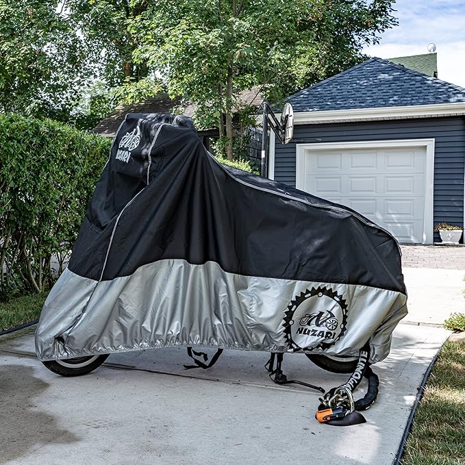 Nuzari Heavy Duty Small 250cc Motorcycle Cover - Motorcycle Covers Waterproof Outdoor Storage - Vespa Cover Waterproof Outdoor - Heavy Duty E- Bike Moped Covers (Black/Silver, Small)