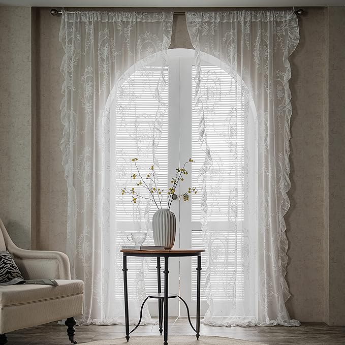 Sutuo Home White Lace Curtains 96 Inches Long 2 Set, Sheer Panels Rose Floral Embroidery Vintage Voile Window Treatment Pair for Bedroom Living Room, Retro Christmas Decor Rod Pocket, W57 x L96