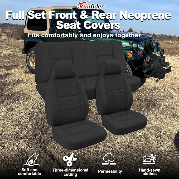 Custom Seat Covers for Jeep Wrangler TJ 1997 1998 1999 2000 2001 2002 Heavy Duty Cloth Protector Interior Accessories，Waterproof & Machine Washable, Foam Padded - Black（Front & Rear）