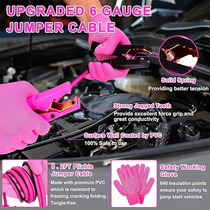 Pink Car Emergency Kit, Premium Roadside Emergency Car Accessories Kit with Jumper Cables, Flashlight, Shovel, Toolbox Set, etc Car Accessories for Women