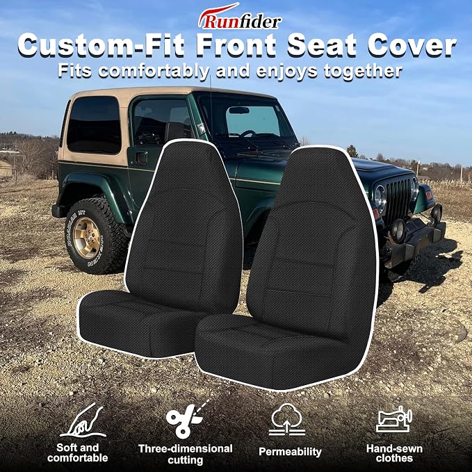 Custom Seat Covers for Jeep Wrangler TJ 1997 1998 1999 2000 2001 2002 Heavy Duty Cloth Protector Interior Accessories，Waterproof & Machine Washable, Foam Padded - Black（Front）