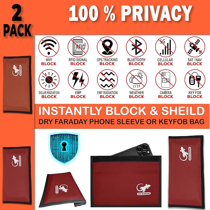 Faraday Bag Anti-Tracking GPS RFID Car Key Signal Blocker Wallet Shielding Pouch Protective Case for Cell Phone Car Key FOB, Data Privacy, Electronic Device Security (2 PACK - RED AND ORANGE)
