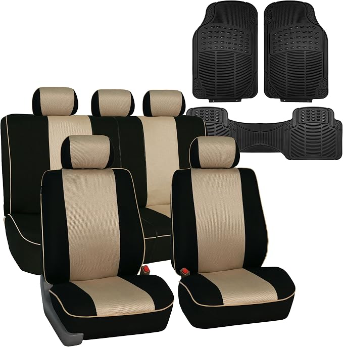 FH Group Automotive Seat Covers Edgy Piping Seat Covers FullBeige Set Interior Accessories,Universal Fit Combo Vinyl Floor Mats Seat Covers Car for Cars and Vans Airbag and Split Rear Automotive